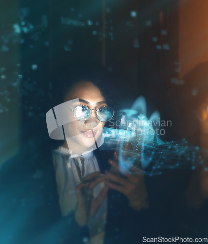 Image of Black woman, tech overlay and global business on phone at night for research and cybersecurity. Iot future 3d hologram in workplace for person networking and cloud computing big data mockup space