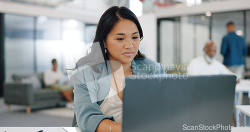 Image of Thinking business woman, face or laptop in modern office of digital marketing innovation, advertising ideas or goals schedule. Mature creative designer, ceo or manager leadership on technology vision
