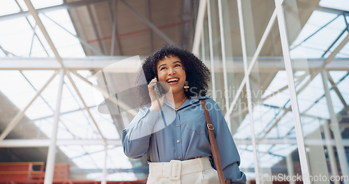 Image of Phone call, smile or black woman travel in airport, office building or street for communication, networking or 5g network. London, tech or happy girl with smartphone walking, commute or travelling