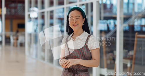 Image of Shopping, mall and face of Asian customer in retail building for discount product, luxury present gift or promotion choice. B2c Commerce, Tokyo Japan and portrait woman at market store for sales deal