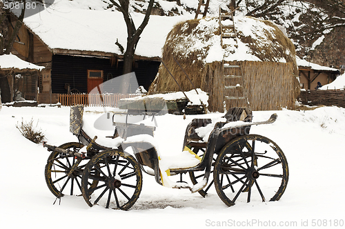 Image of old horse drawn carriage in the snow