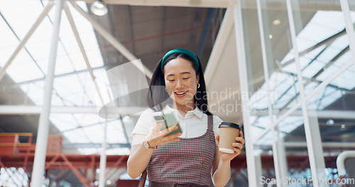 Image of Morning, phone call and coffee of business woman from Japan with communication at a office. Mobile, talking and happy conversation of a Asian person with a smile and happiness ready for work