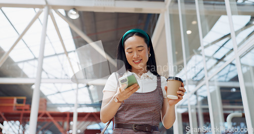 Image of Morning, phone call and coffee of business woman from Japan with communication at a office. Mobile, talking and happy conversation of a Asian person with a smile and happiness ready for work