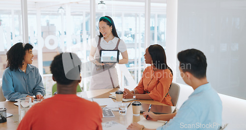 Image of Presentation, winner and success with business people in meeting for applause, celebration and branding idea. Tablet, achievement and support with employee in startup for praise, promotion or award