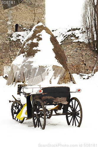 Image of old horse drawn carriage in the snow