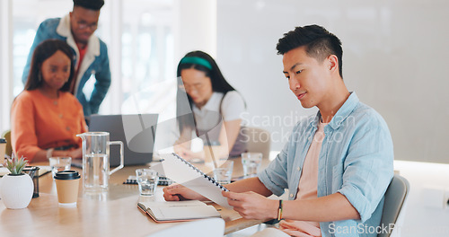 Image of Face, leadership and Asian man in meeting at office with documents for sales, advertising or marketing. Boss, ceo and happy male entrepreneur with vision, mission or goals, targets or success mindset