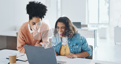 Image of High five, laptop or happy employees with success in celebration of digital marketing SEO goals or kpi target. Bonus, wow or excited black woman or girl winner celebrate winning, email or good news