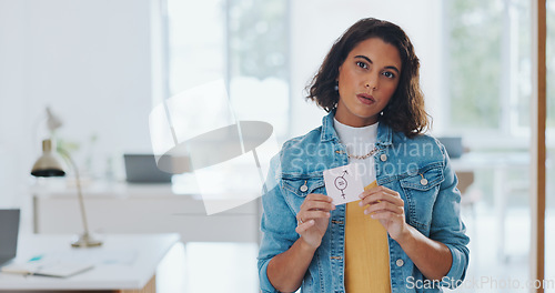 Image of Gender equality, pay gap and woman with a sign in the office with a female and male symbol. Business, equity and girl employee with a feminism card in protest for equal salary, opportunity and equity