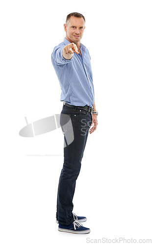 Image of Choice, confident and portrait of a man pointing for a decision isolated on a white background. Happy, pride and mature handsome guy with hand gesture for choosing and giving motivation on a backdrop