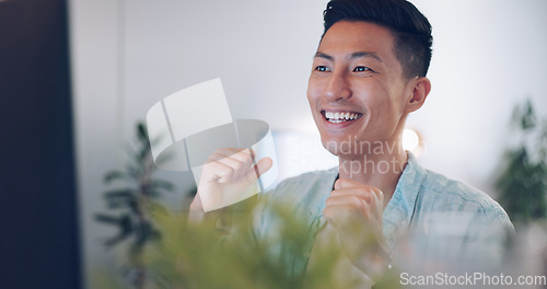 Image of Business, Asian man and excited for corporate deal, celebration and promotion in office. Startup, male entrepreneur and freelancer with achievement, target and company goal for success and winning.