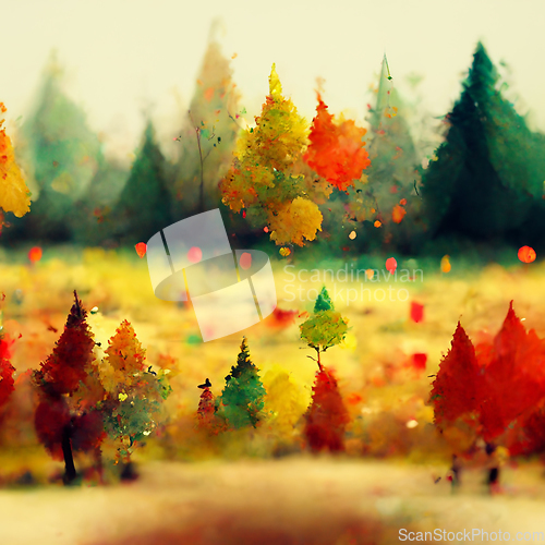 Image of Autumn forest landscape. Colorful watercolor painting of fall se