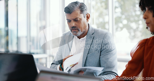 Image of Business, man and leader with team, meeting and brainstorming for advertising campaign. Staff, ceo and coworkers have conversation, training for process and planning schedule for marketing or sales.