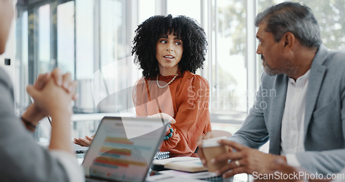 Image of CEO, meeting or business people planning a strategy to increase sales for financial growth in office building. Team work, laptop or senior manager talking or speaking of project goals to employees