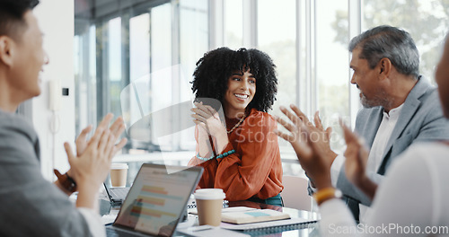 Image of Promotion, meeting applause and happy black woman with business people clapping for kpi target announcement or career achievement. Congratulations, team support and employee excited job success news