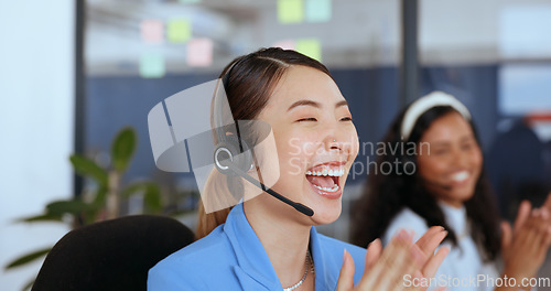 Image of Call center, woman with success applause for telemarketing sale, crm achievement and target. Support, celebration and customer service worker clapping for technical support goal