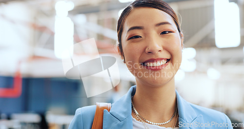 Image of Asian business woman, face or folders of marketing proposal, advertising strategy planning or branding growth ideas. Portrait, smile or happy creative designer with paper documents in coworking space