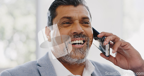 Image of Phone call, business leadership and man in office for corporate communication, company negotiation and mobile networking. Mature entrepreneur talking, laughing and smile on smartphone for sales deal