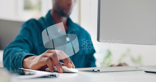 Image of Office computer mouse, hands and black man working feedback review of social media, customer experience or ecommerce. Website analytics, research report and media analyst doing online survey analysis