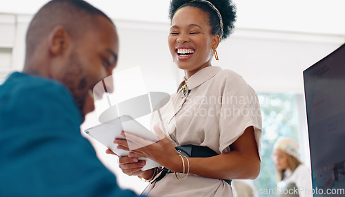 Image of Black woman, business and laughing with man in office, agency and startup company. Happy workers, employees and team smile for funny joke, happiness and motivation of collaboration for web technology