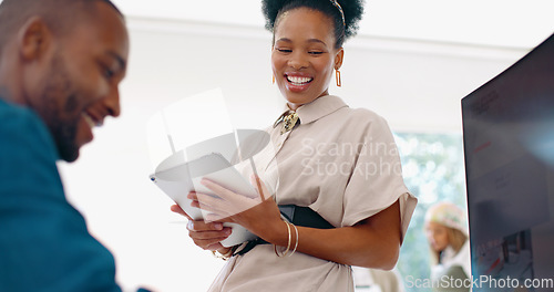 Image of Black woman, business and laughing with man in office, agency and startup company. Happy workers, employees and team smile for funny joke, happiness and motivation of collaboration for web technology