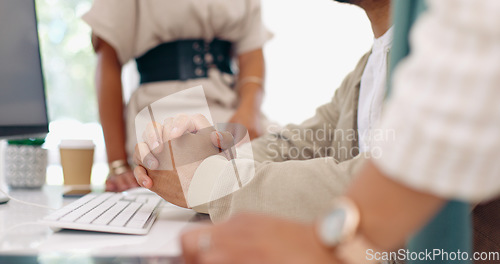 Image of Office business people, hands or man explain financial portfolio review, stock market strategy or investment plan. Team, communication or trader working on bitcoin, forex or NFT trading collaboration