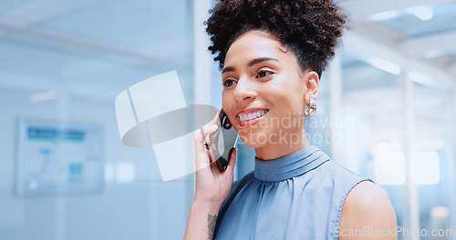 Image of Business phone call, startup networking and black woman with phone communication, creative smile and vision for company. Comic conversation, mobile discussion and worker planning on a smartphone