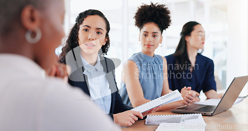 Image of Teamwork, collaboration and business people with documents in meeting. Planning, laptop and group of women with computer and paperwork discussing sales, advertising or marketing strategy in office.