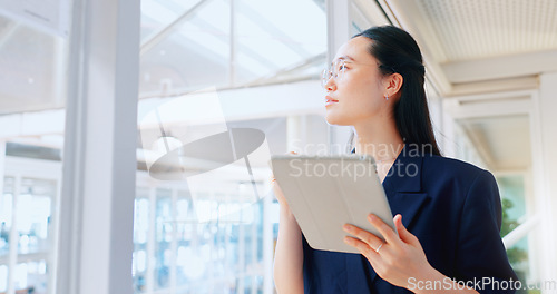 Image of Business woman, tablet and thinking with focus, technology and company communication, typing email and digital report. Internet, wifi and ux, networking and Asian employee inspiration in Japan office