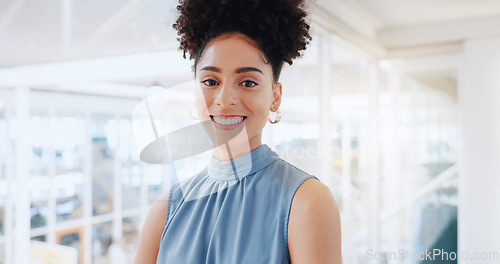 Image of Smile, face and black woman in office building for business leadership, trust and vision. Portrait, happiness and professional young female in startup agency for success, management and motivation