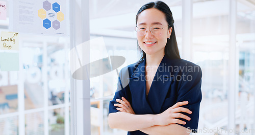 Image of Happy, smile and face of business woman in office for management, leadership and vision. Professional, executive and future with portrait of asian woman in startup agency for mindset, career or goal