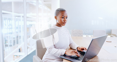 Image of Laptop, business and black woman typing in office workplace. Planning, working and female employee writing sales project, marketing email or advertising strategy, proposal or research on computer.