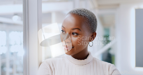 Image of Face, thinking and black woman happy in office workplace or company. Idea, planning and smile of cheerful, proud and pensive female employee lost in thoughts, nostalgic or contemplating good memory.