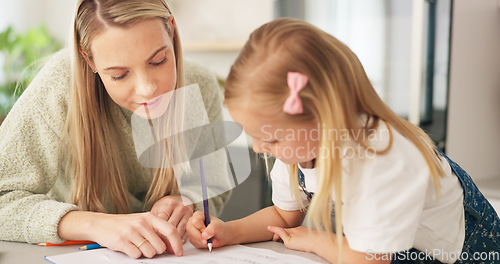 Image of Education, mother and learning child writing or drawing for kindergarten school homework or project in a house. Support, development and mama helping or working with a smart and creative girl student