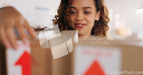 Image of Inventory, boxes and shelf woman search for business delivery stock with supply chain management, logistics and courier service work in office. Small business worker check package or boxes storage