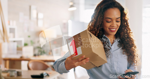 Image of Woman, fashion e commerce startup and phone product delivery online internet system. Happy small business owner, clothing supply chain industry worker and retail order packaging and track in boutique