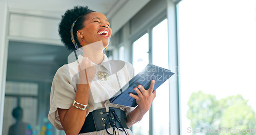 Image of Happy black woman, tablet and victory for promotion, winning or good news at the office. Excited African American female employee in celebration for victory, win or achievement with touchscreen