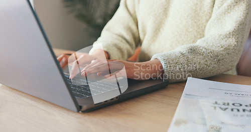 Image of Laptop, computer and business woman hand typing, writing on notebook for planning, schedule and meeting review. Zoom, hands and strategy analytics for collaboration, research and KPI growth