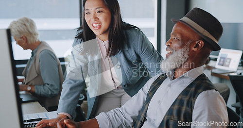Image of Business, manager training employee and conversation for system process, schedule and office. Black man, Asian woman and discussion for new trainee, intern and talking for online analysis and leader.