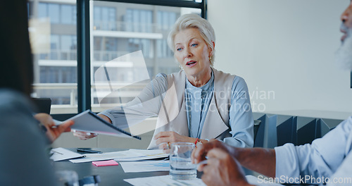 Image of Senior woman, leader and team collaboration with documents planning marketing strategy, sales management and goals target support. Business people, teamwork and mature woman leadership with reports