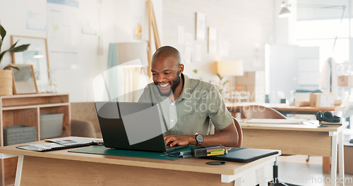 Image of Email, phone and businessman working, planning and in communication with people on the internet at work. African manager, worker or employee typing on a laptop and reading on a mobile in an office