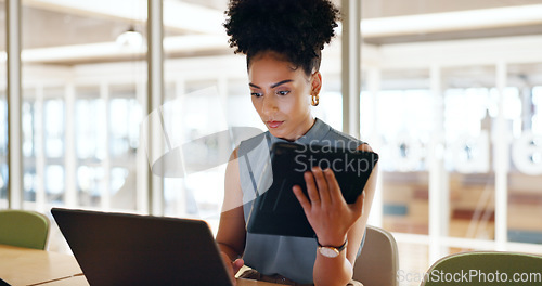Image of Business woman, tablet with success and leadership, technology and corporate communication with email. Networking, b2b and digital marketing with seo, black woman executive typing and online research