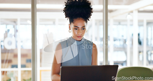 Image of Thinking, laptop and business woman in the office doing research online for a corporate project. Technology, ideas and professional female employee from Mexico working on a report in the workplace.