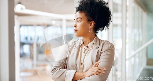 Image of Face, thinking and black woman focussed in office workplace or company. Idea, planning and thinking, proud and pensive female employee lost in thoughts, nostalgic or contemplating good memory.