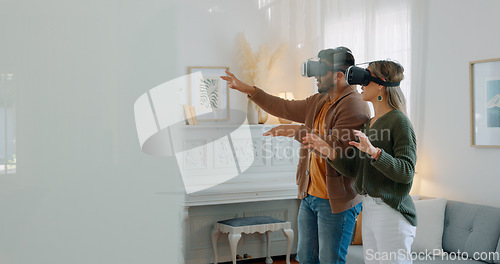 Image of Metaverse, virtual reality headset and couple on sofa in house or home living room for cyber game, 3D gaming or fun futuristic world. Vr gaming, technology or man and woman bonding on future ai media