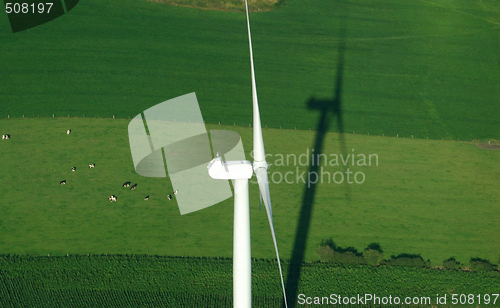 Image of aerial view of windturbine and green meadow