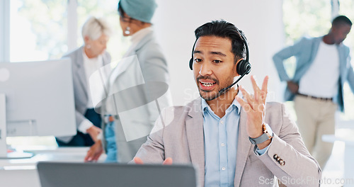 Image of Customer service, call center and man consulting in office workplace. Crm, customer support and telemarketing worker, sales agent or happy male consultant talking, networking or communication at desk