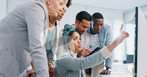 Image of Computer, team work or woman with help from business people and working on a digital marketing SEO strategy. Collaboration, question or senior manager in a meeting with employees at a digital agency