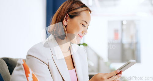 Image of Tablet, smile or business woman in office for social media app, comic blog news or networking online. Corporate, digital or manager with smartphone for communication, website review or social network