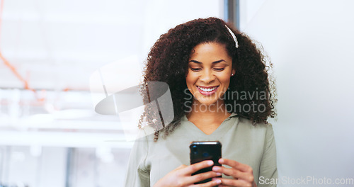 Image of Phone, search and smile with business woman in office for networking, news and social media. Internet, technology and app with black woman and mobile for connection, contact and communication