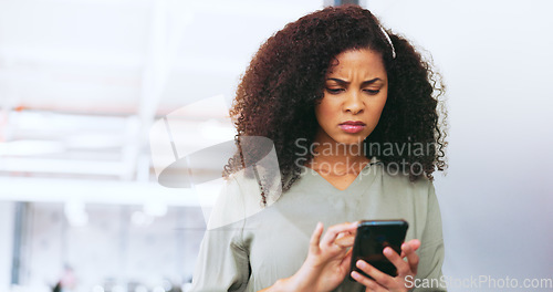 Image of Sad, reading communication and black woman on mobile app, email and website with phone in an office. Frustrated, confused and business woman with a glitch on a mobile, internet stress and scam